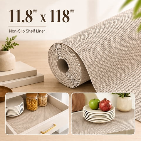 Emlimny Kitchen Shelf Liner Drawer Liners, 11.8 "x 118" EVA Roll of Non-Adhesive Refrigerator Liners Waterproof Fridge Mats with Strong Durable Kitchen Cabinets Mat for Drawers, Shelves Khaki