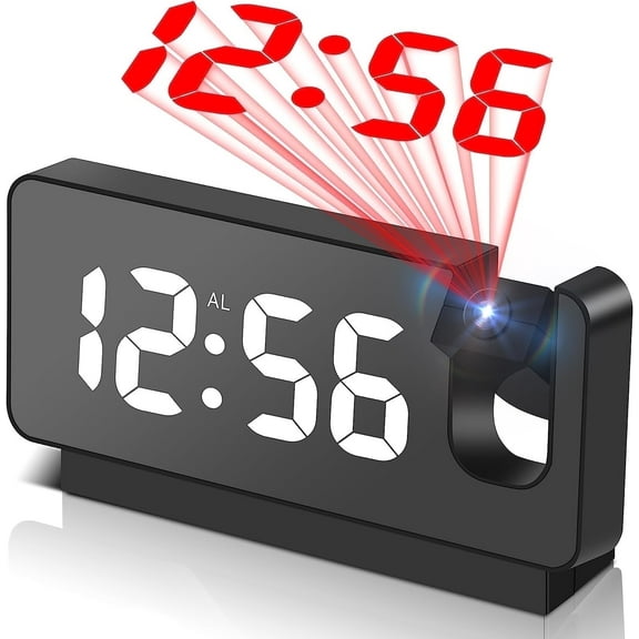 Rongsi Projection Alarm Clock, Digital Clock with 180 Rotatable Projector, USB Charger, 12/24H, for Bedroom, Black/White