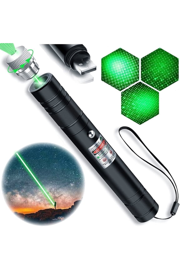 Emlimny Laser Pointer, Flashlights 2000 Metres Green Long Range High Power Handheld Flashlight, Rechargeable Laser Pointer for USB, with Star Cap Adjustable Focus