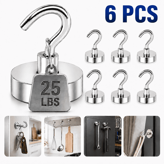 Emlimny Magnetic Hooks, 25 lbs + Heavy Duty Earth Magnets with Hook for Refrigerator, Extra Strong Cruise Hook for Hanging, Magnetic Hanger for Curtain, Grill(Silver, Pack of 6)