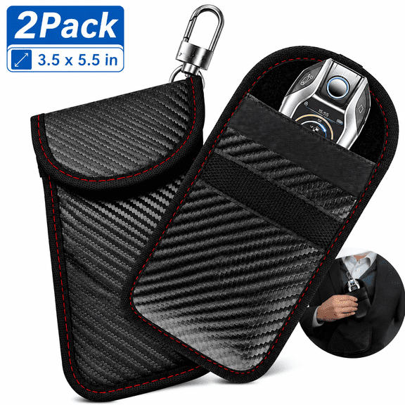 Emlimny Medium Size Faraday Bag for Key Fob(2 Pack), Faraday Cage Protector, Car RFID Signal Blocking Key Fob Protector, Double-Layers of Shielding Carbon Fiber Material Anti-Theft Faraday Pouch