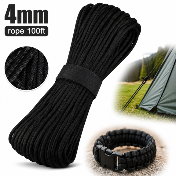 Emlimny Paracord Rope, 7 Strand Type III Parachute Cord, 4mm Paracord 100 ft Nylon Rope,Parachute Cord,Clothesline Rope,Black Rope for Crafting, DIY, Bracelets, Outdoor Gear, Camping, Hiking