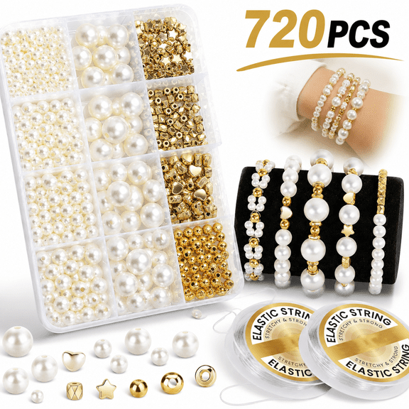 Emlimny Pearl Beads for Bracelets, 720PCS Bracelet Making Kit for Adult, Friendship Bracelet Kits, Bracelet Bead Kits, Small Pearl Beads and Gold Beads Beading Kit for Bracelets, Jewelry