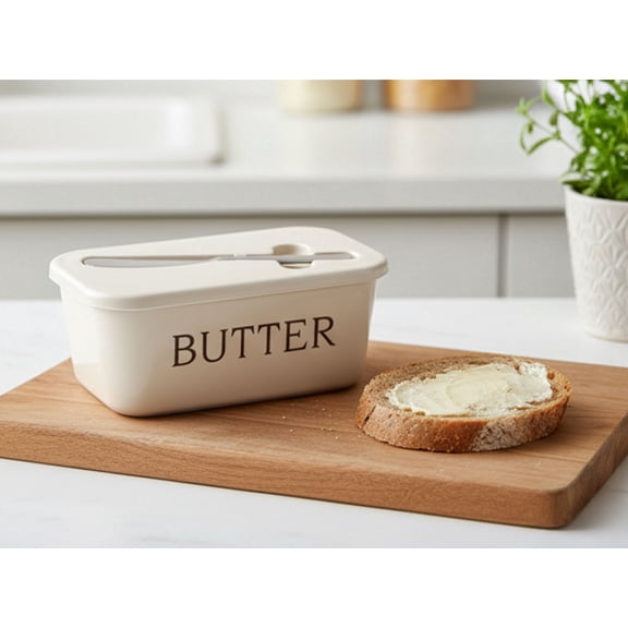 Emlimny Plastic Butter Dish with Lid for Countertop and Refrigerator Door Shelf, Butter Holder Tray Container with Included Butter Knife, Easy Scoop, Dishwasher Safe Butter Keeper and Storage