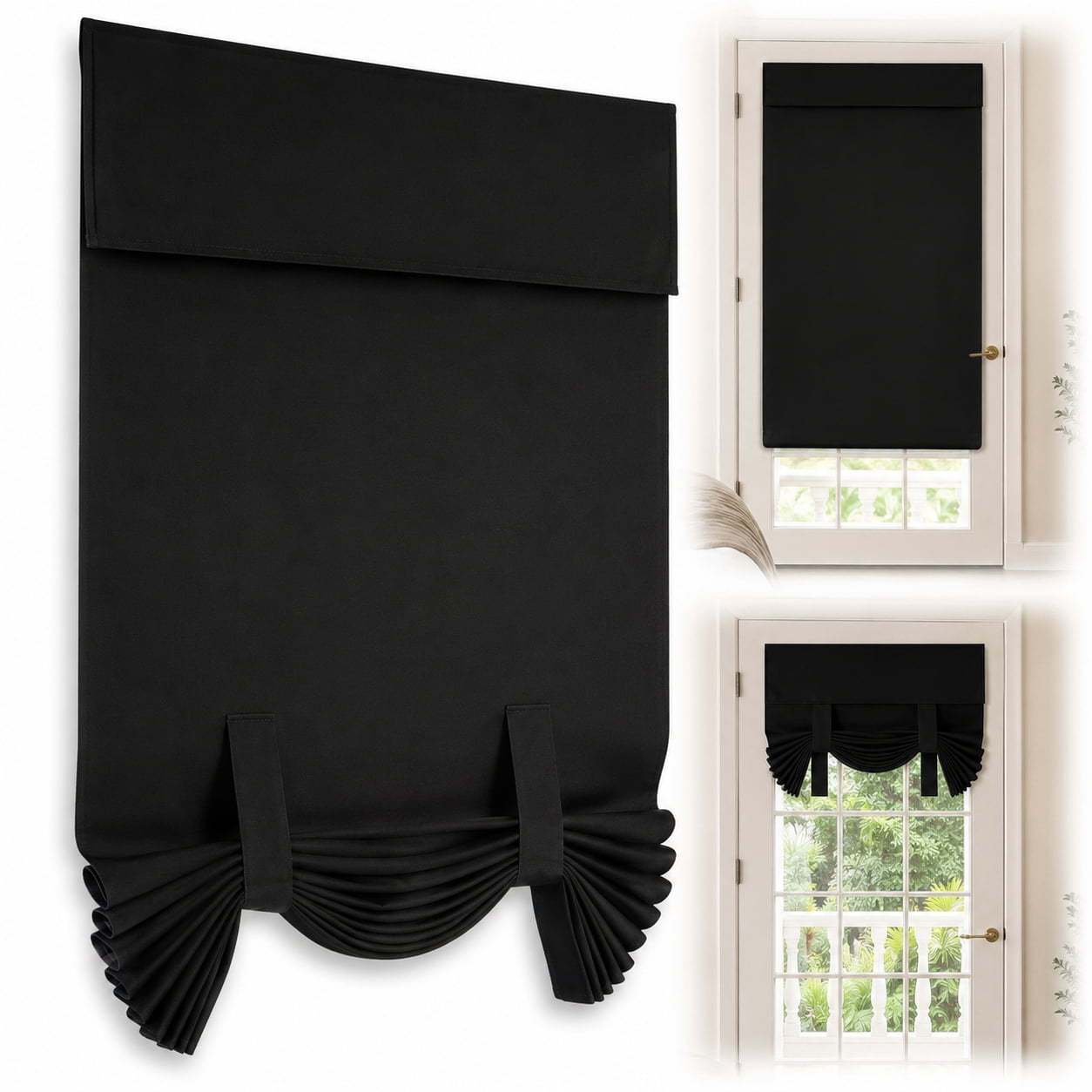 Rongsi Blackout French Door Curtains, 26 x 40 Inches Privacy Thermal Insulated Tie Up Shade Window Covering for Glass Door, Bedroom, Patios, Easy to install and clean - Black