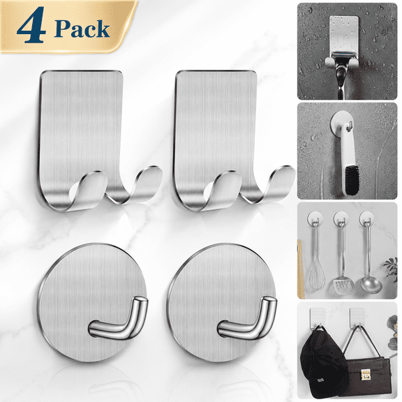 Ustris Razor Holder for Shower + Adhesive Wall Hooks, Premium 304 Stainless Steel Shower Razor Holder with Heavy Duty Waterproof Sticky Hooks for Hanging Towels, Coat, hat (2+2 Pack)
