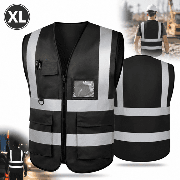 Emlimny Reflective Safety Vest for Men, XL Size Reflective for Women, High Visibility Security with Pockets Zipper Front Meets ANSI Standards - Black