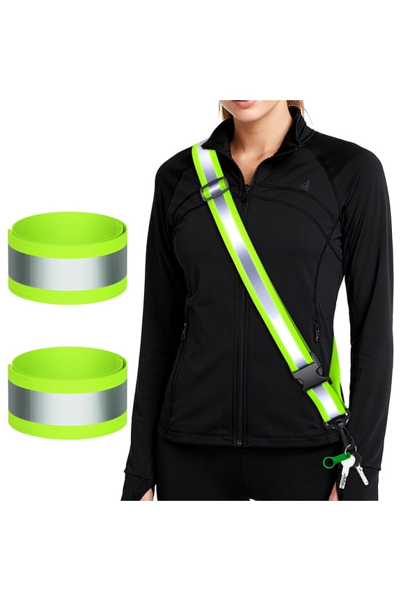 Reflective Walking Gear at Night, High Visibility Safety Reflective Sash Belt and 2-Pack Armband Set, Adjustable Night Walking Safety Gear Night Running Safety Gear for Women Men