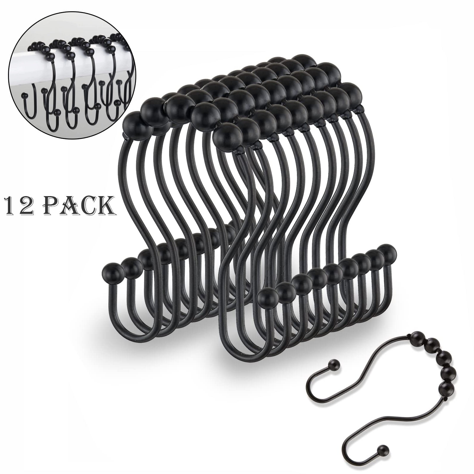 Emlimny 12 Pcs Black Shower Curtain Hooks, RustResistant Stainless