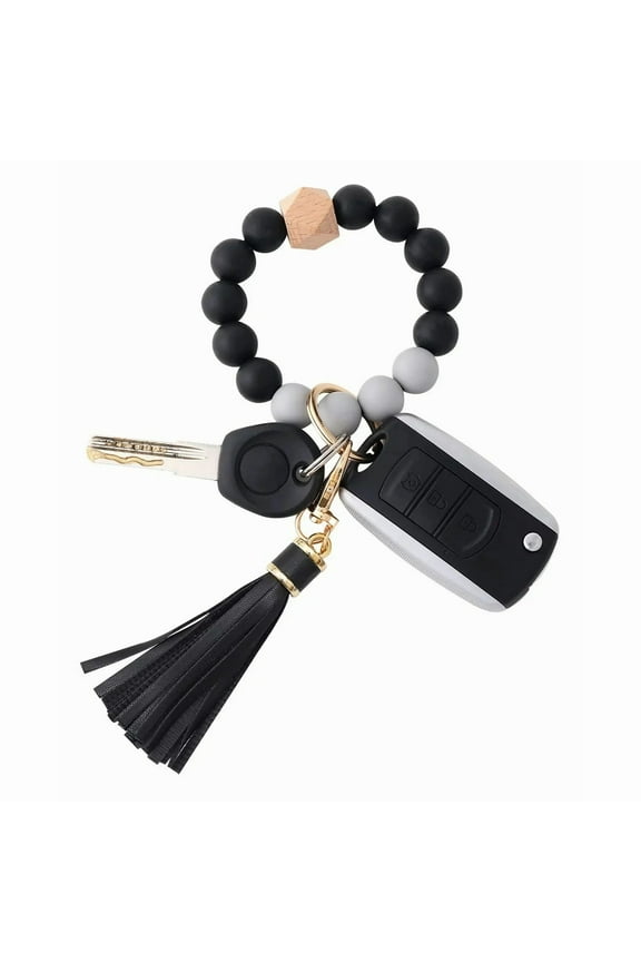 Silicone Beaded Bracelet Keychain Wristlet Key Ring Bangle Chains for Women with Leather Tassel(Black/Gray)