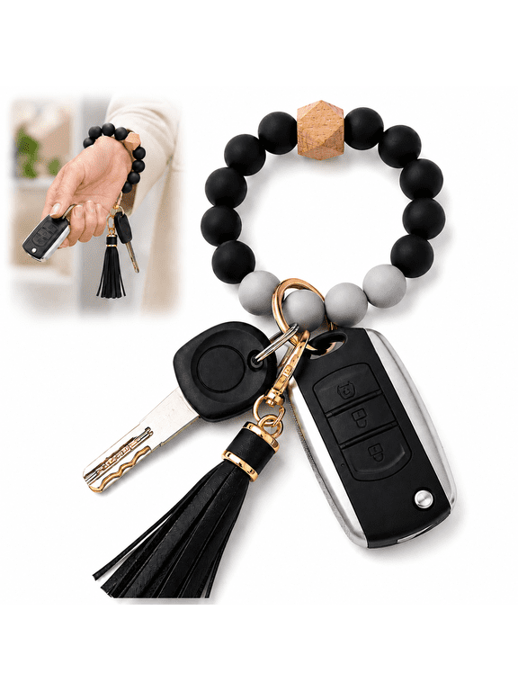 Silicone Beaded Bracelet Keychain Wristlet Key Ring Bangle Chains for Women with Leather Tassel(Black/Gray)