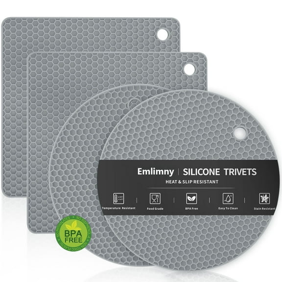 Emlimny Silicone Pot Mats - 4 Heat Resistant Pot Holders, Multipurpose Non-Slip Hot Pads for Kitchen Potholders, Hot Dishers, Jar Opener, Spoon Holder, Food Grade Silicone & BPA Free (Gray)