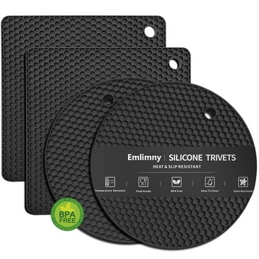 Emlimny Silicone Pot holders - 4 Heat Resistant Pot Holders, Multipurpose Non-Slip Hot Pads for Kitchen Potholders, Hot Dishers, Jar Opener, Spoon Holder, Food Grade Silicone & BPA Free (Black)