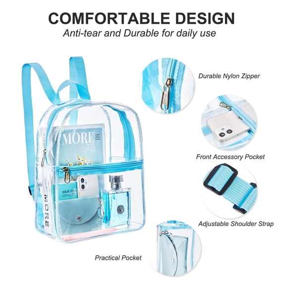 Genreen Stadium Approved Clear Mini Backpack 11.5H x 5W x 9.5L Cold-Resistant Transparent PVC Backpack with Work, Security Travel & Stadium (Sky Blue)