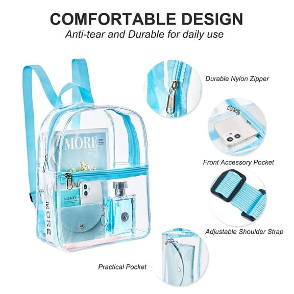 Genreen Stadium Approved Clear Mini Backpack 11.5H x 5W x 9.5L Cold-Resistant Transparent PVC Backpack with Work, Security Travel & Stadium (Sky Blue)