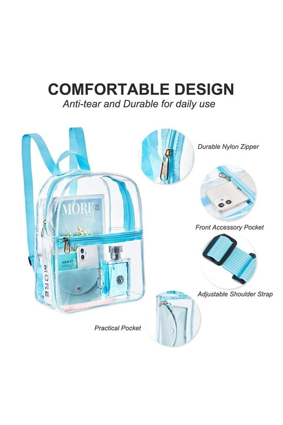 Stadium Approved Clear Mini Backpack 11.5H x 5W x 9.5L Cold-Resistant Transparent PVC Backpack with Work, Security Travel & Stadium (Sky Blue)