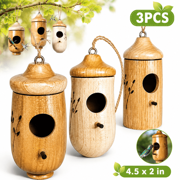 Emlimny 3PCS Humming Bird House, 4.5 Inches Bird House, Wooden Hummingbird Swing Nest for Outside Hanging, Pet Cottage for Swallow Sparrow Hummingbird Finch Houses