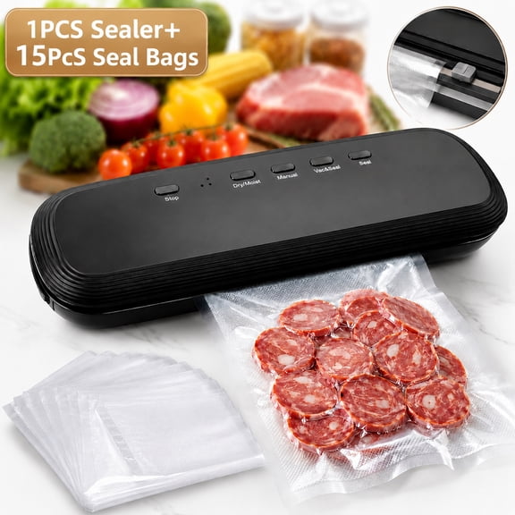 Rongsi Vacuum Sealer Machine, Food Vacuum Sealer Machine with Build-in Cutter, Compact Design with External Vacuum System with 15 Seal Bags Kit, Dry Moist Fresh Modes (Black)