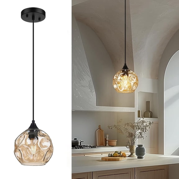 Emliviar Ceiling Pendant Light with Hammered Glass, Amber Finish, DYE287G2-MIL BK