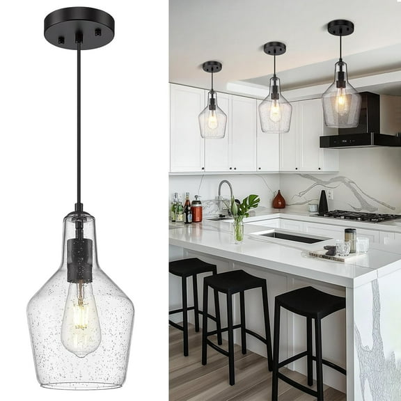 Emliviar Modern Island Pendant Light with Clear Seeded Glass, Black Finish, DYE286G2-MIL BK