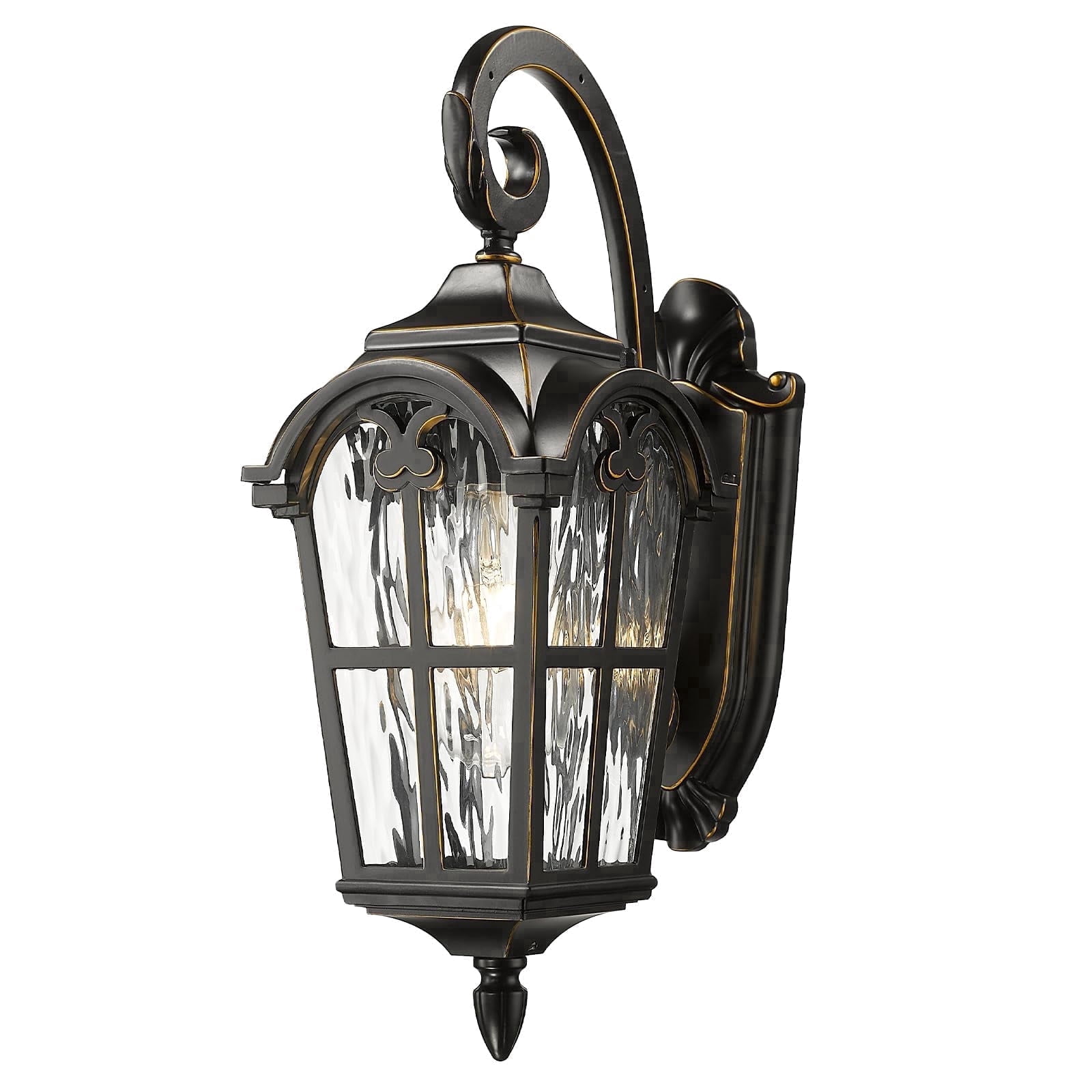 Emliviar Outdoor Light Wall Lantern with Water Ripple Glass, 17.5" Black Finish with Gold Edges, WE215B-SW BG