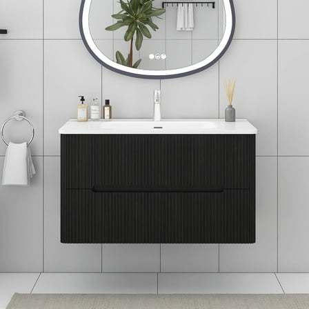 Emma 36" Wall-mounted Bathroom Vanity in Brushed Black Oak with White Ceramic Basin
