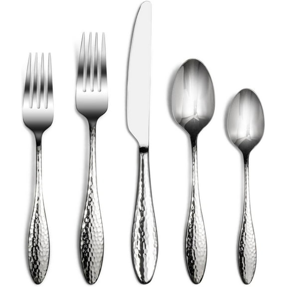 Emma 40-Piece 18/10 Silverware Set, Hammered Flatware Set, Heavy Duty Stainless Steel Cutlery Set, Modern Kitchen Utensils, Dinnerware Sets Service for 8, Mirror Polished & Dishwasher Safe