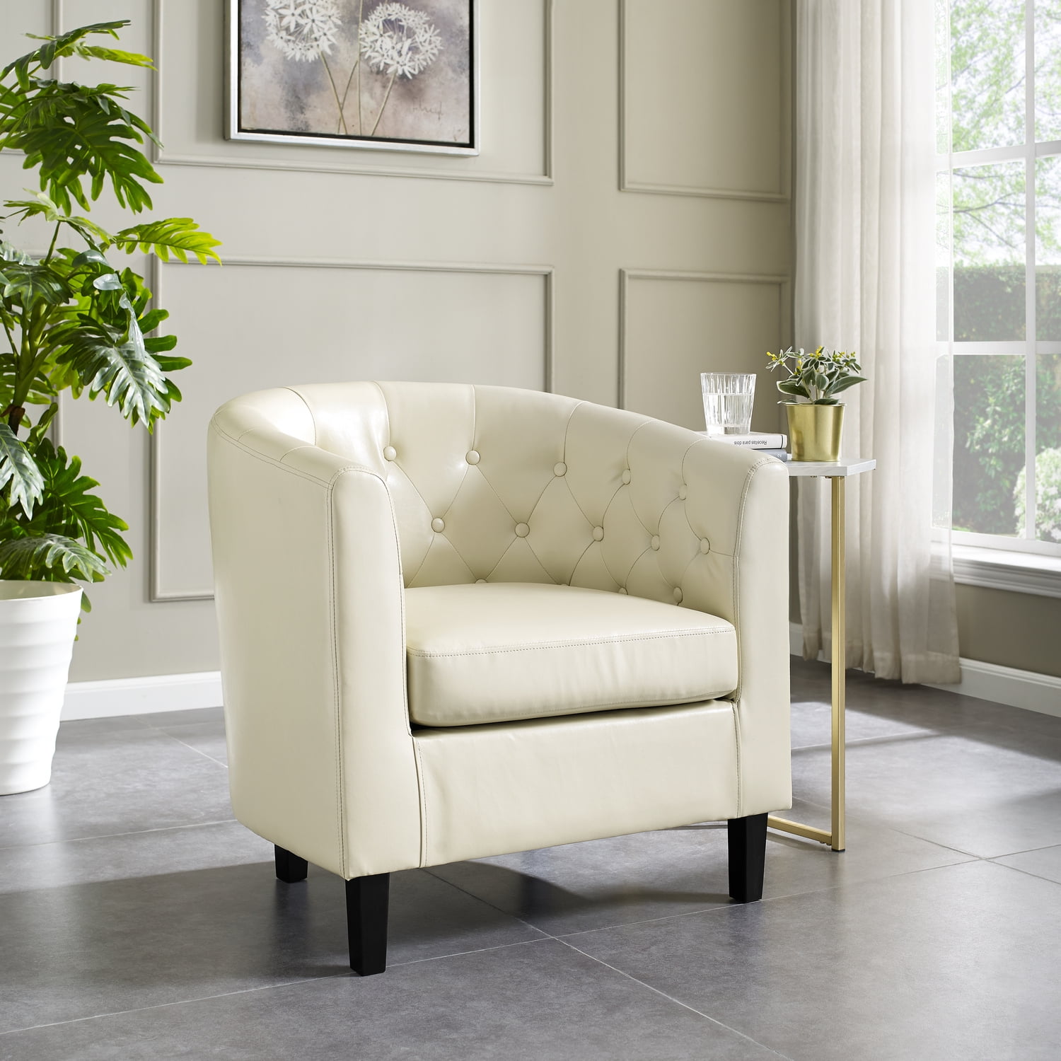 Cream Faux Leather Barrel Accent Chair with Rolled Arms