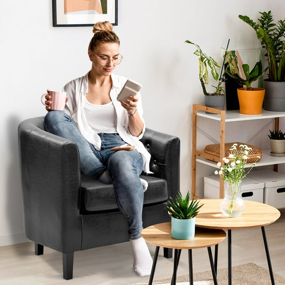 Emma Accent Chair, Button Tufted Faux Leather Barrel Chair, Midcentury Modern Accent Chair, Comfy Armchair, Tub Barrel Chairs Black