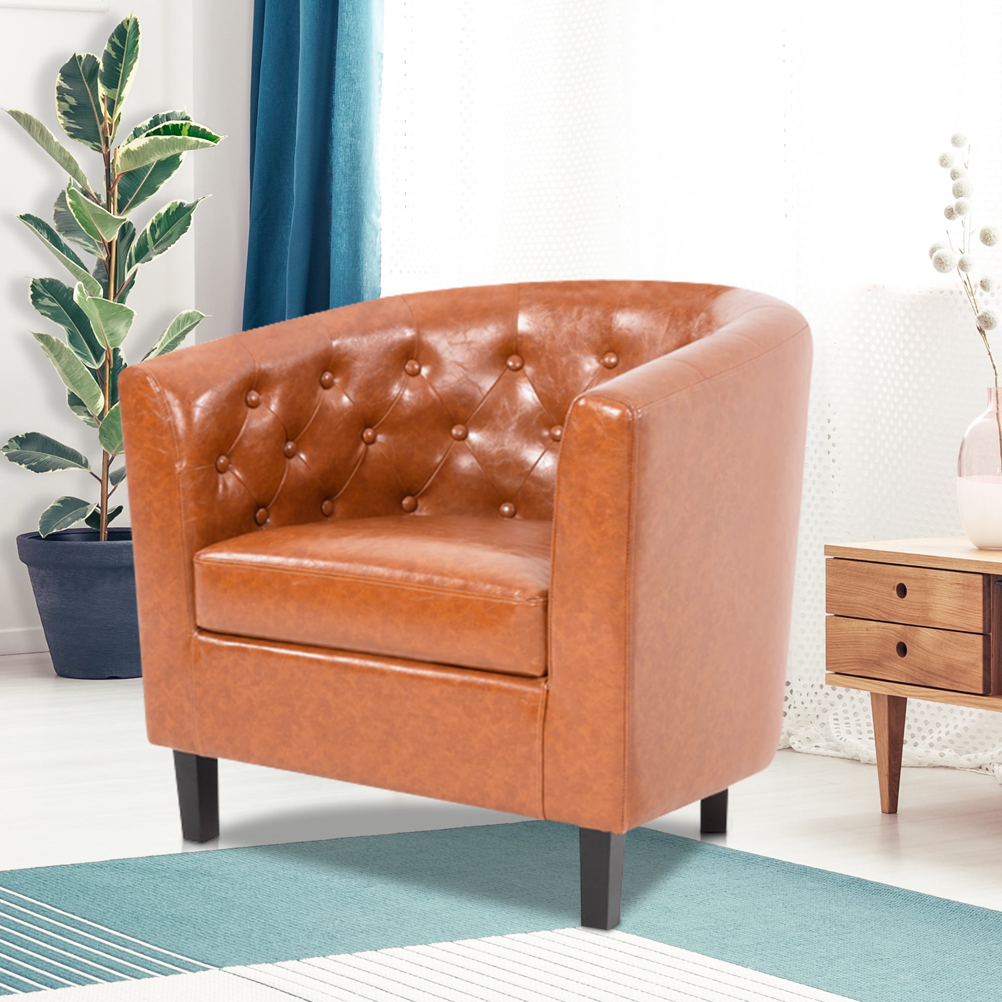 Emma Accent Chair, Button Tufted Faux Leather Barrel Chair, Midcentury Modern Accent Chair