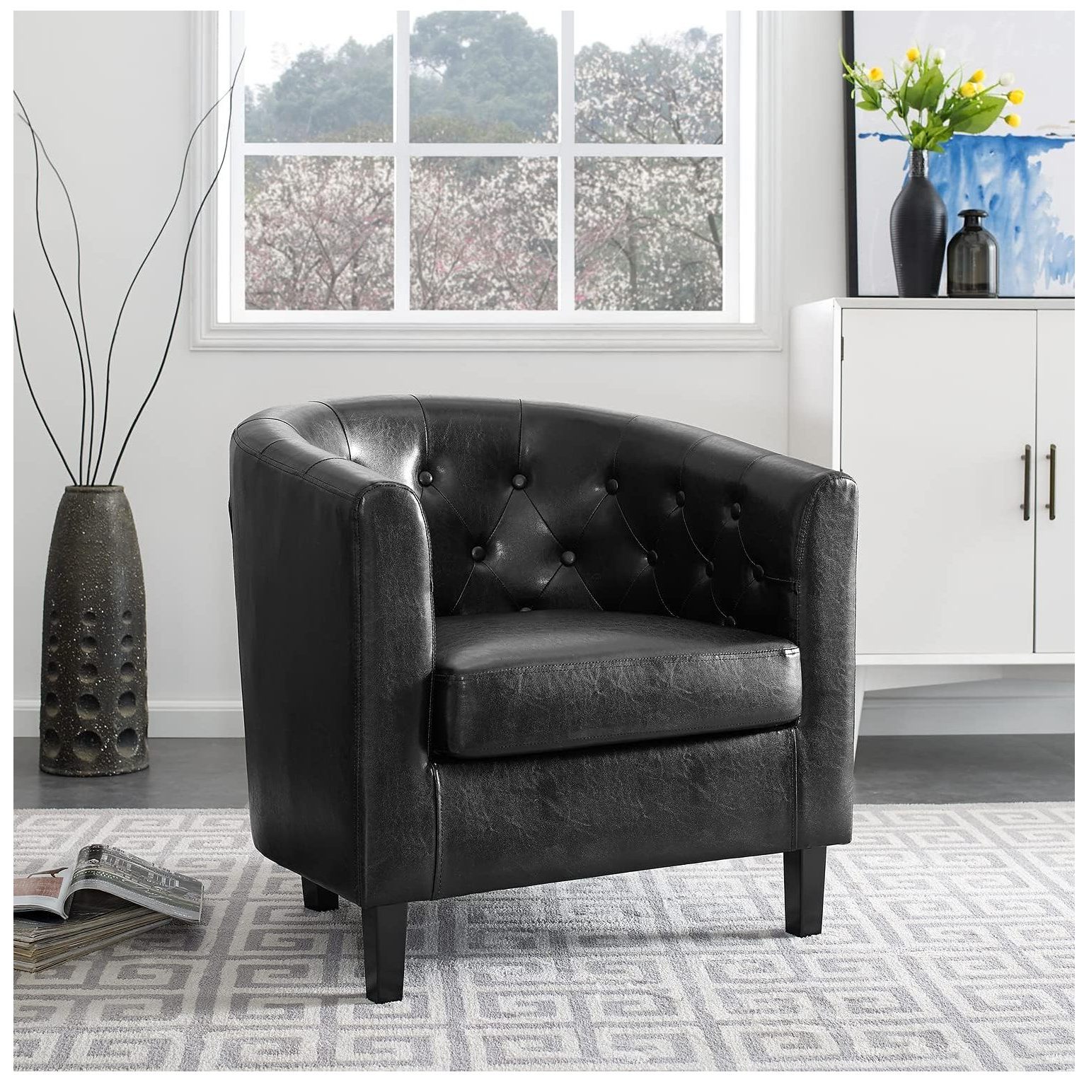 Emma Accent Chair, Button Tufted Faux Leather Barrel Chair, Midcentury Modern Accent Chair