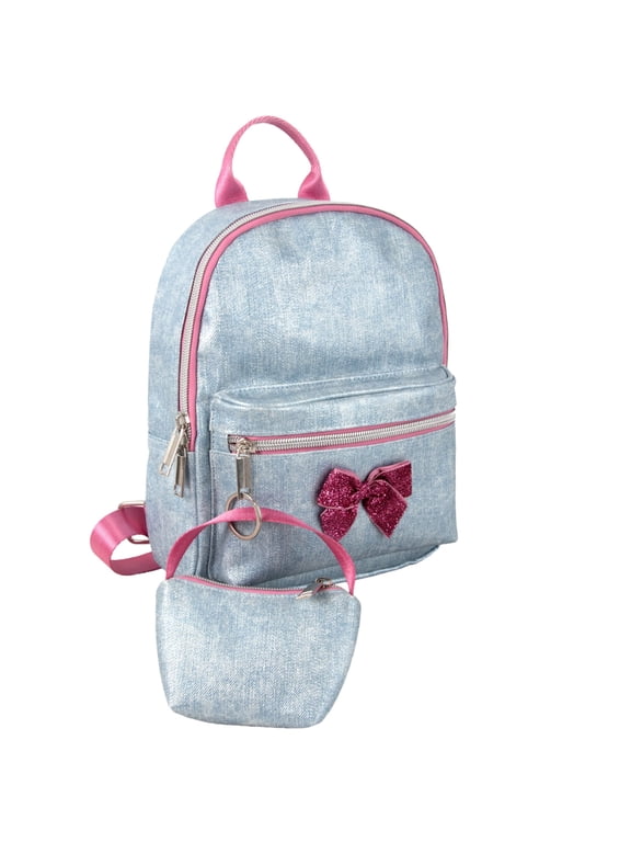 Women's Mini Backpack, 10 Inch Handbag with Glitter Bow, Accessory Coin Purse Keychain for Travel, Date Night, Festival in Denim Blue