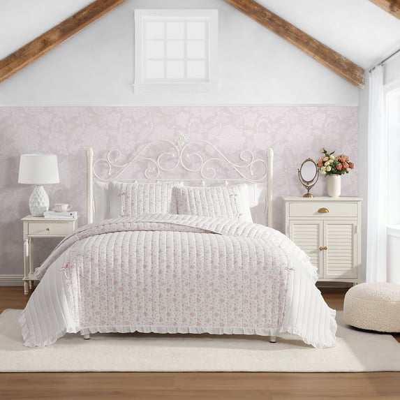Emma Cottage Floral Shabby Chic Pink 3-Piece Ruffled Embellished Microfiber Quilt Set - Full/Queen