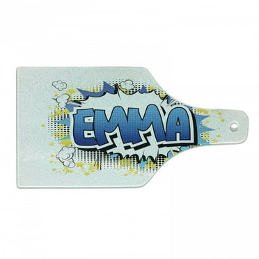 Emma Cutting Board, Youthful Energetic Name Design for Teenage Girls Cartoon Stars and Burst, Tempered Glass Cutting and Serving Board, Wine Bottle Shape, Blue Yellow and Black, by Ambesonne