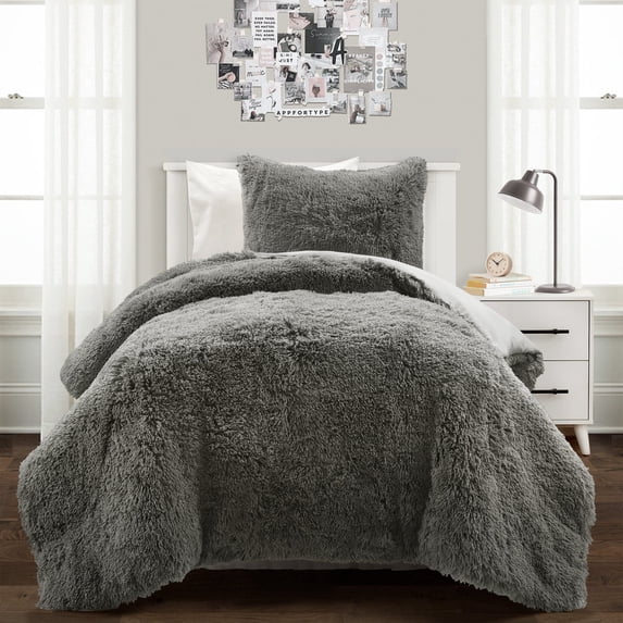 Emma Faux Fur Oversized Comforter Dark Gray 2Pc Set Twin-XL