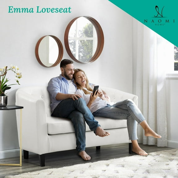 Emma Love Seat, Button Tufted Faux Leather Barrel Loveseat, Midcentury Modern 2 Seater Sofa Couch, Small Loveseat for Small Spaces, Bedrooms, Couches for Living Room, Easy Tool-Free Assembly – White