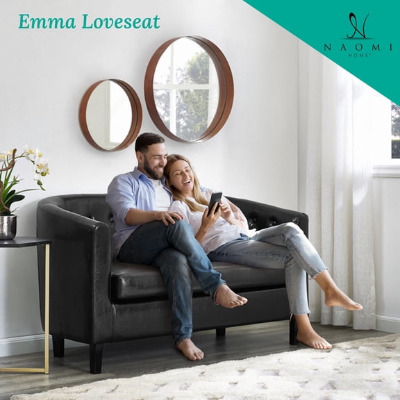 Emma Loveseat, Button Tufted Faux Leather Barrel Sofa, Mid-Century Modern 2-Seater Couch – Black