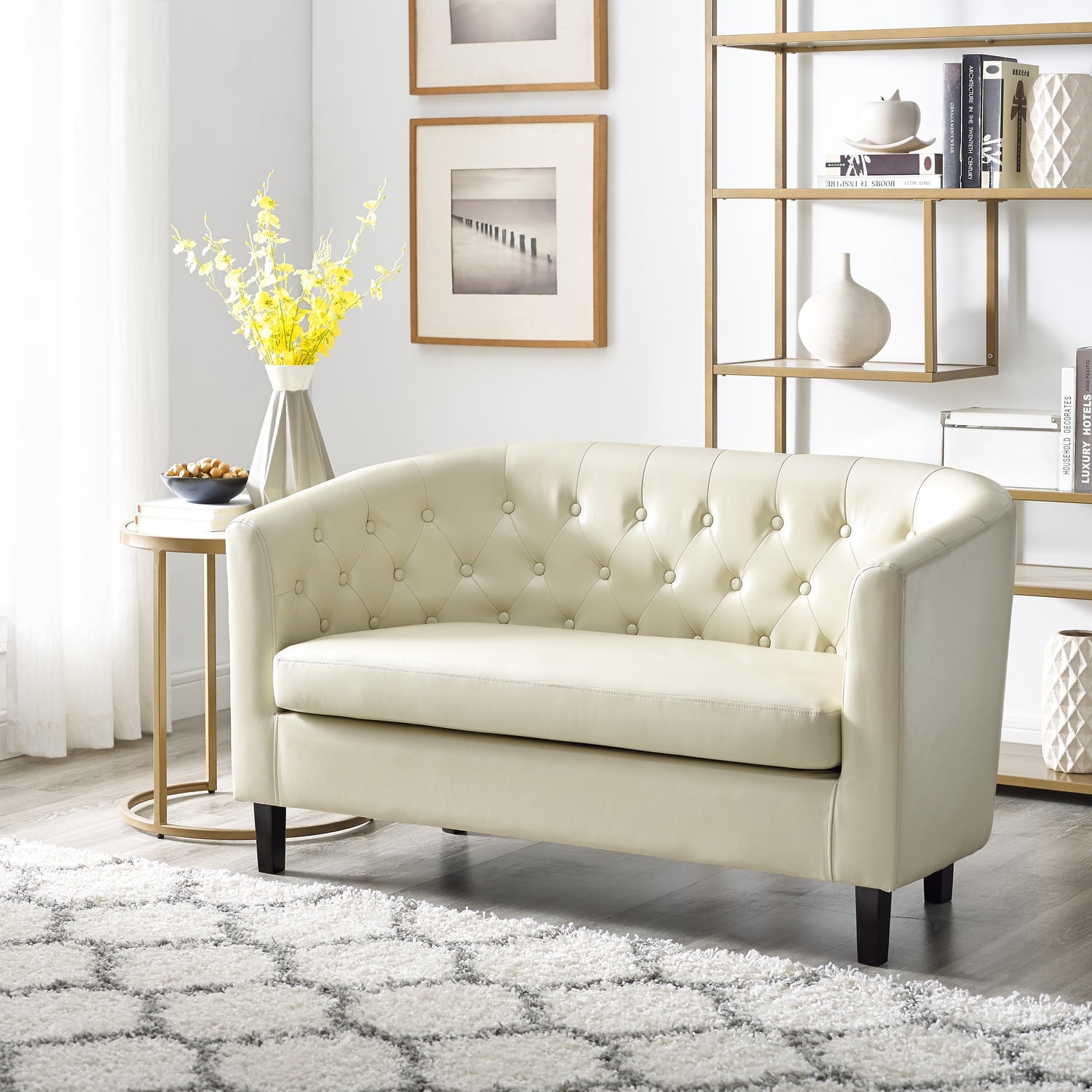 Cream Tufted Faux Leather Loveseat with Wooden Legs