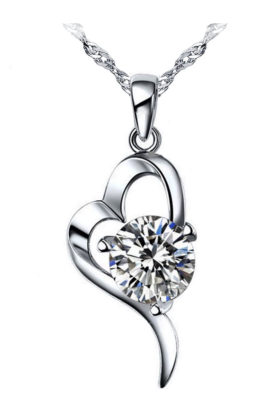 Emma Manor 14k White Gold Plated 1.5ct Cubic Zirconia "OL" Style Heart Pendant Necklace For Women