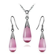 Emma Manor EM 14k White Gold Plated Synthetic Pink Moonstone Necklace Earring Women Jewelry Set