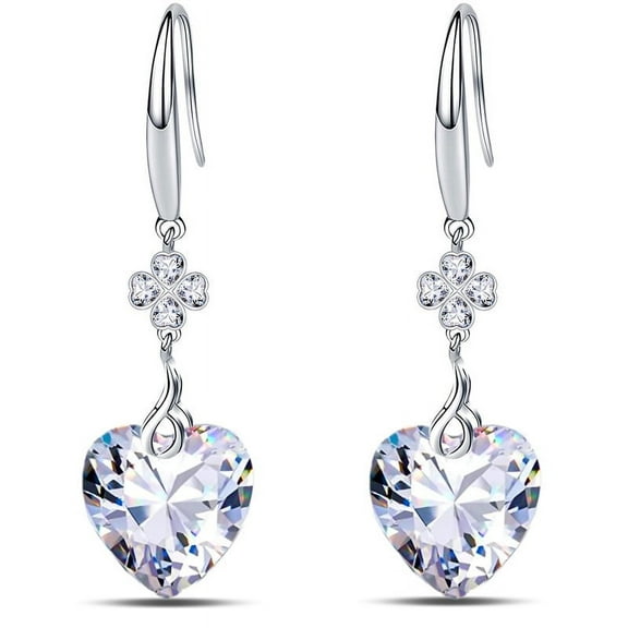 Emma Manor EM 925 Sterling Silver Jewelry Lucky Four Leaf Clover 5A Love Heart Shape Cubic Zirconia Dangle Earrings for Women