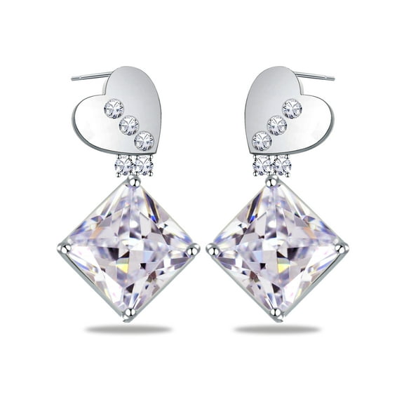 Emma Manor Jewelry 14k White Gold Plated Love Heart 5A Square CZ Diamond Women Stud Earrings