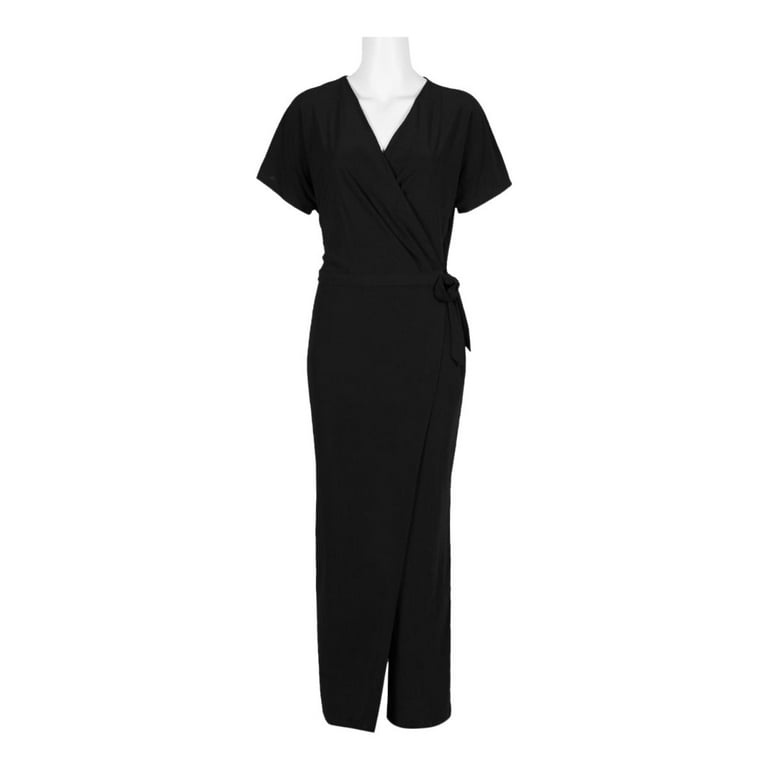 Emma Michele V Neck Short Sleeve Tie Side Wrap Solid Jersey Jumpsuit BLACK M Walmart