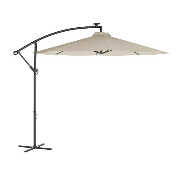 Emma + Oliver 10 FT Round Cantilever Umbrella with Solar LED Lights, Built in Cross Base, and Easy Lift and Tilt Function in Tan