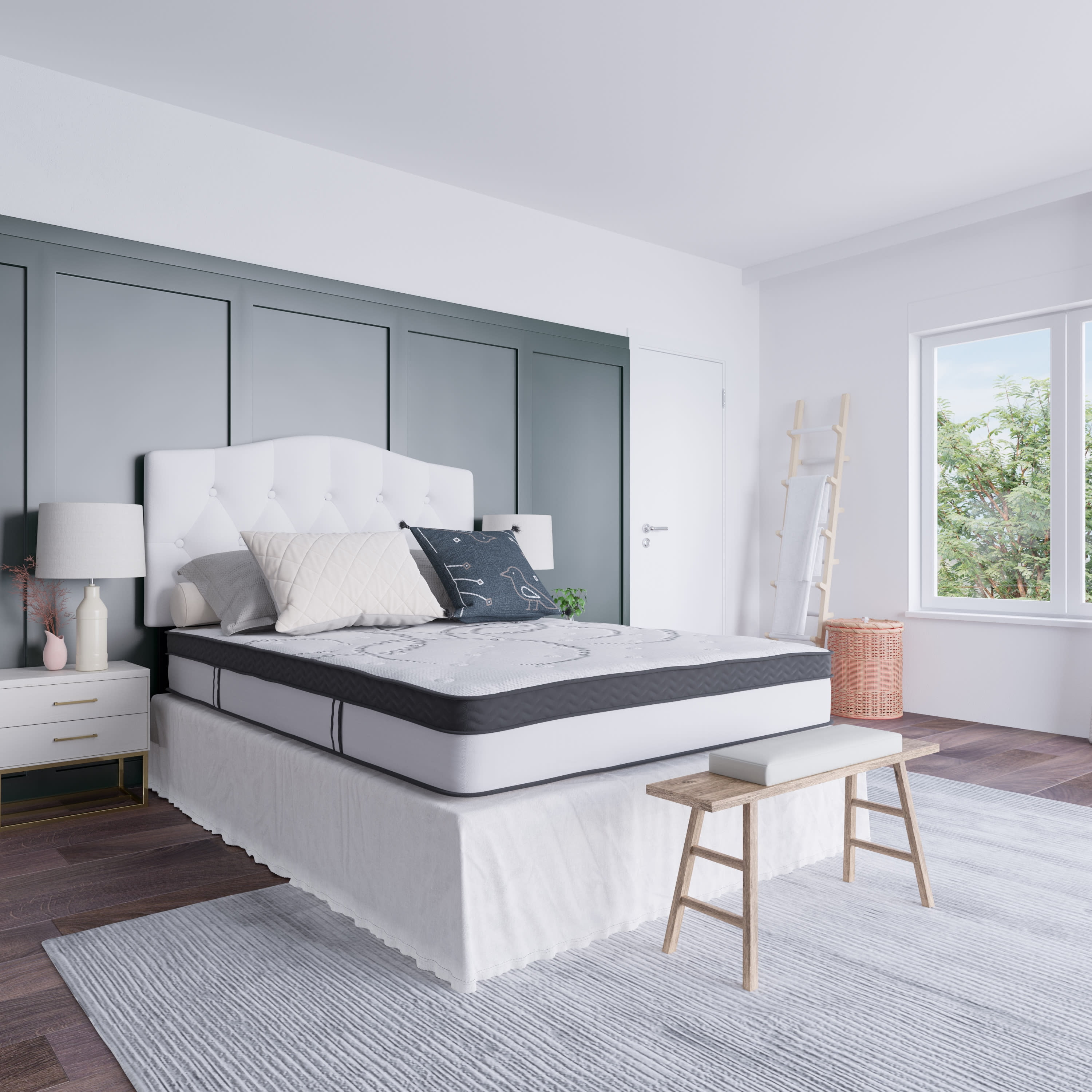 【001！】Emma スプリングマットレス ダブル ホワイト GreenTea Luxe ハイブリッドマットレス（ポケットコイル＋低反発