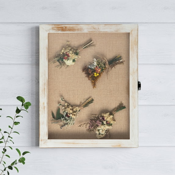 Emma + Oliver 11x14 Wooden Display Case with Foam Back Board, Linen Overlay and 8 Included Push Pins in Whitewash