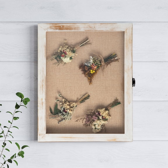 Emma + Oliver 11x14 Wooden Display Case with Foam Back Board, Linen Overlay and 8 Included Push Pins in Whitewash