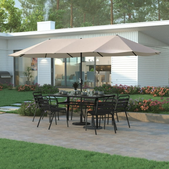 Emma + Oliver 15 FT Weather and Water-Resistant Triple Head Patio Umbrella with Easy Lift Crank Function in Tan