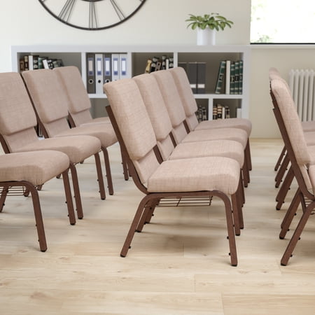 Emma + Oliver 18.5"W Church Chair, Beige Fabric Book Rack/Copper Vein Frame
