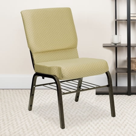 Emma + Oliver 18.5"W Church Chair, Beige Patterned Fabric Book Rack/Gold Vein